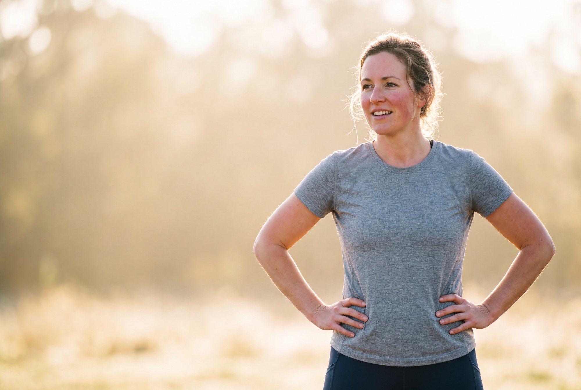 Woman standing outdoors after exercise