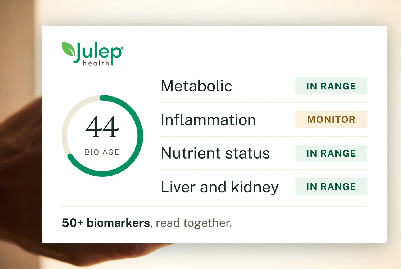 Sample Whole Body Assessment results panel showing biomarker categories and status
