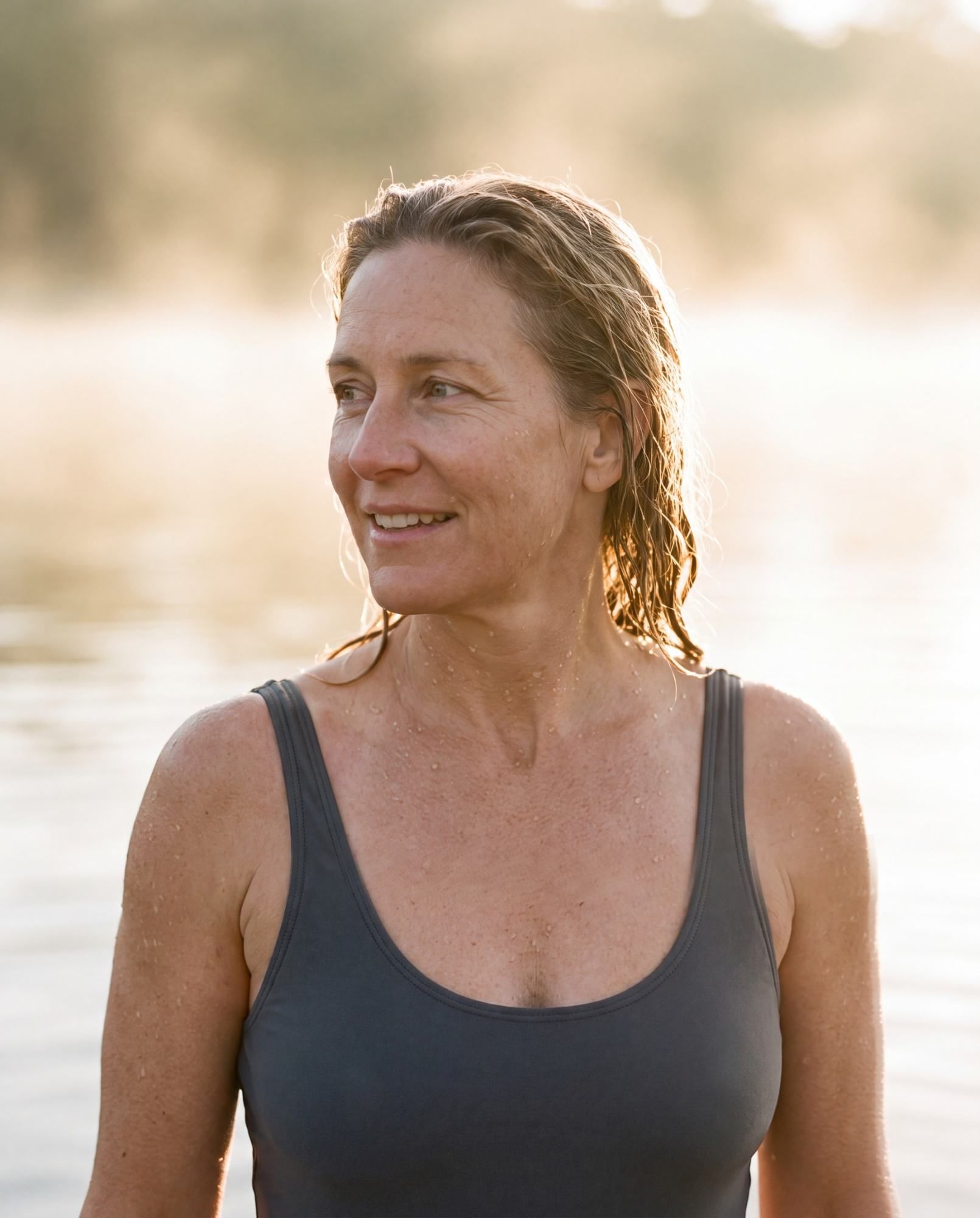 Woman emerging from the water at golden hour