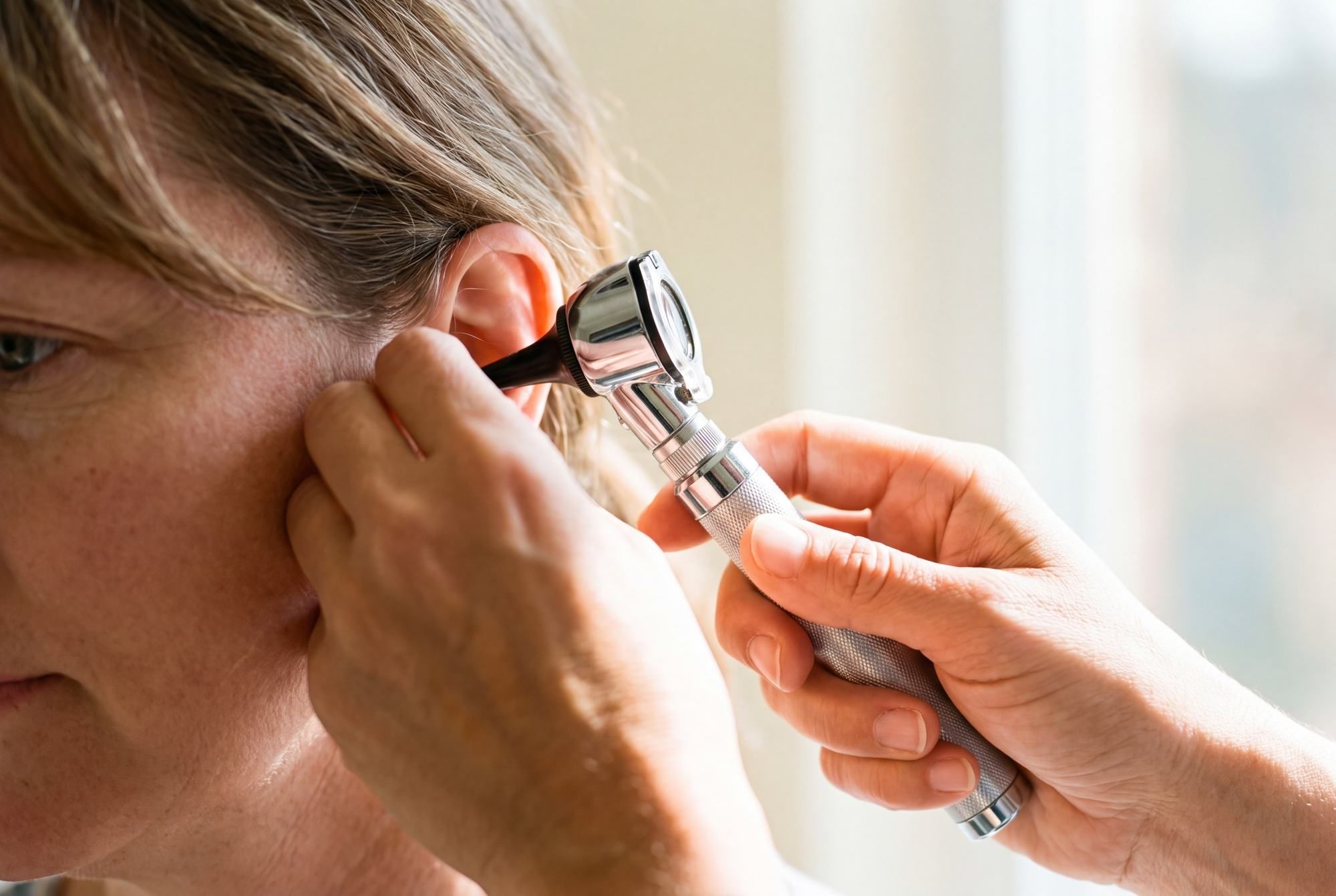 Clinician examining a patient’s ear with an otoscope