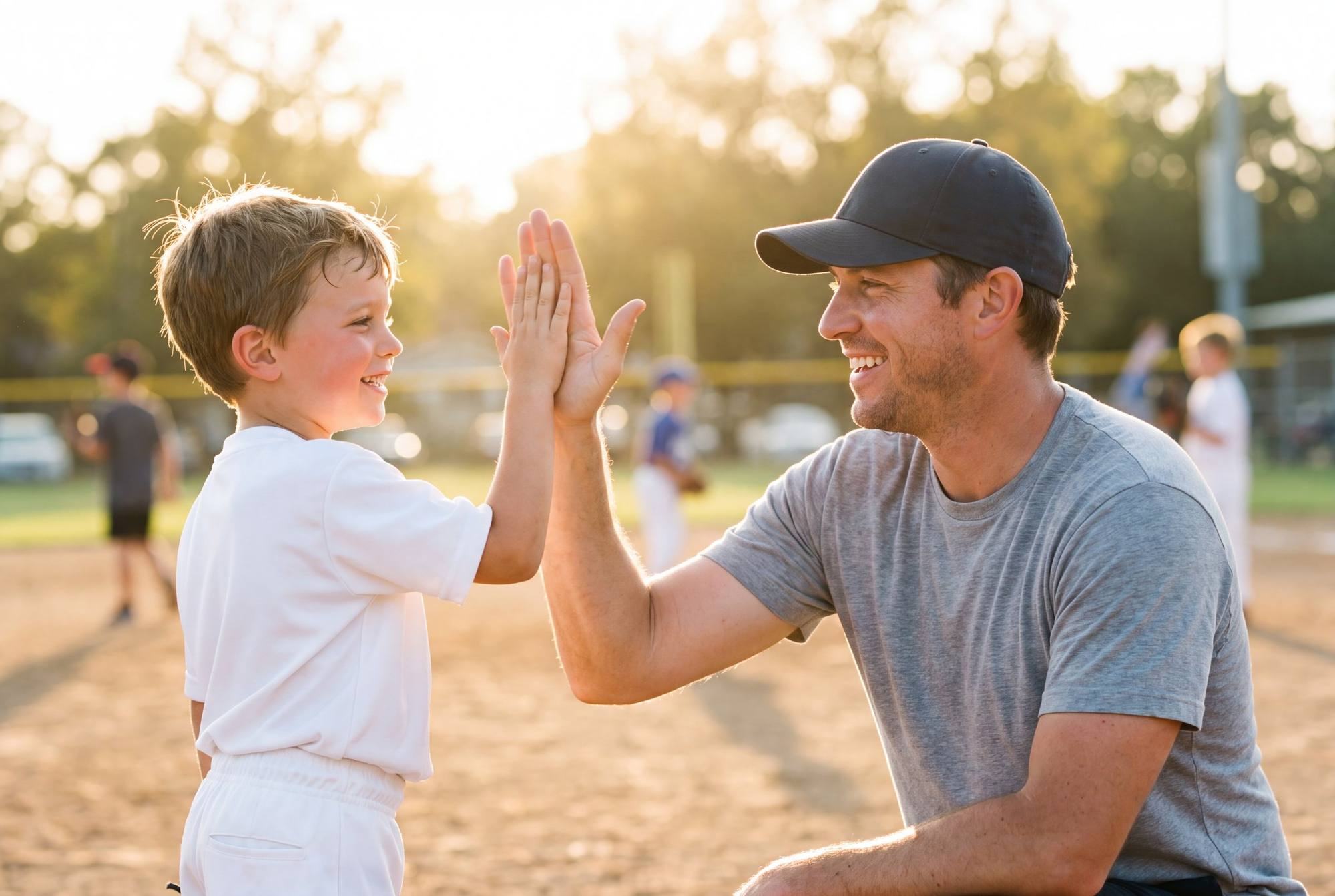 Father and son high-fiving at a baseball field