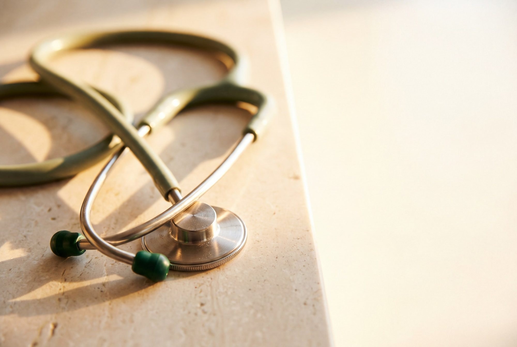 Stethoscope resting on a medical desk