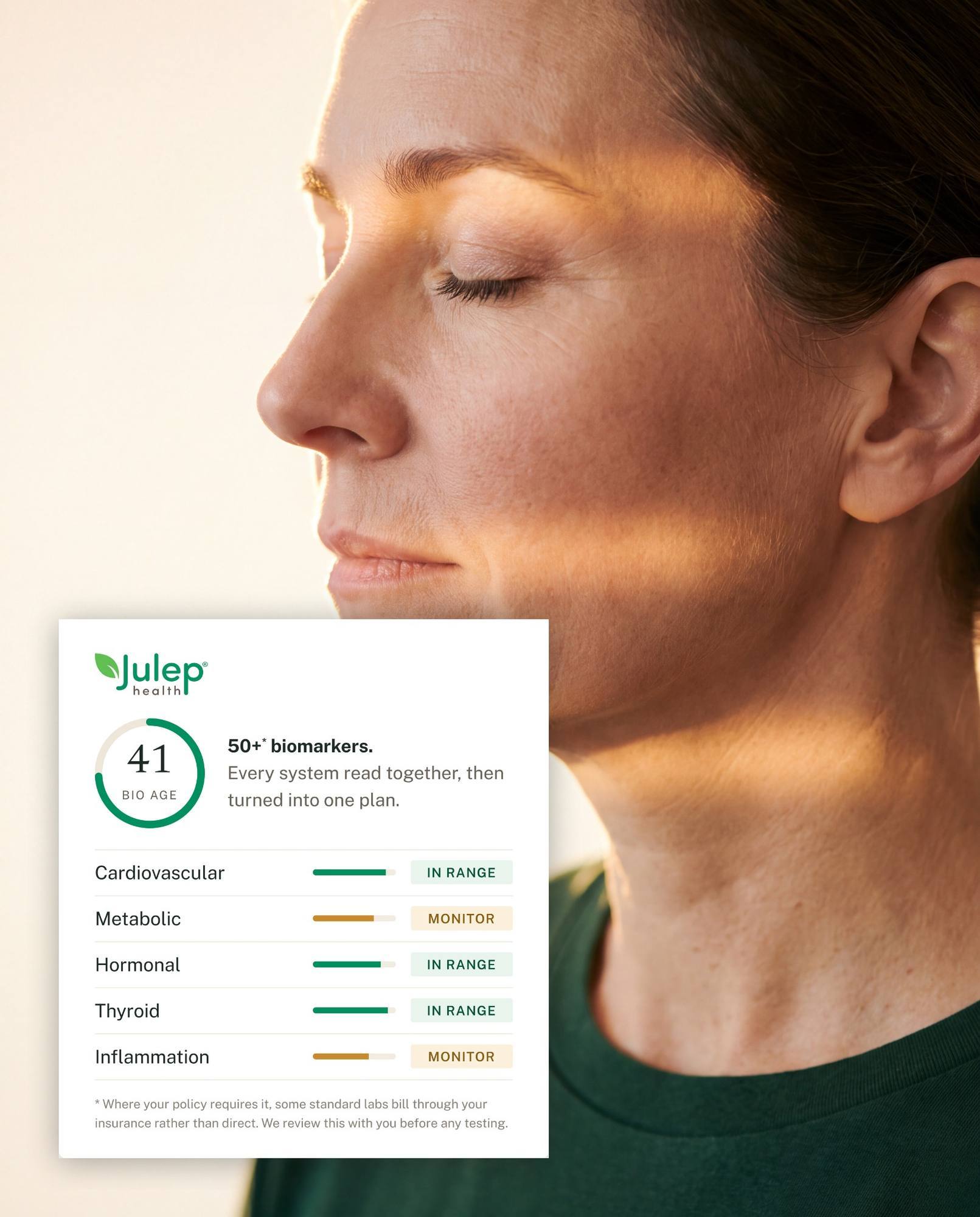 Julep Health whole body results panel shown beside a patient profile